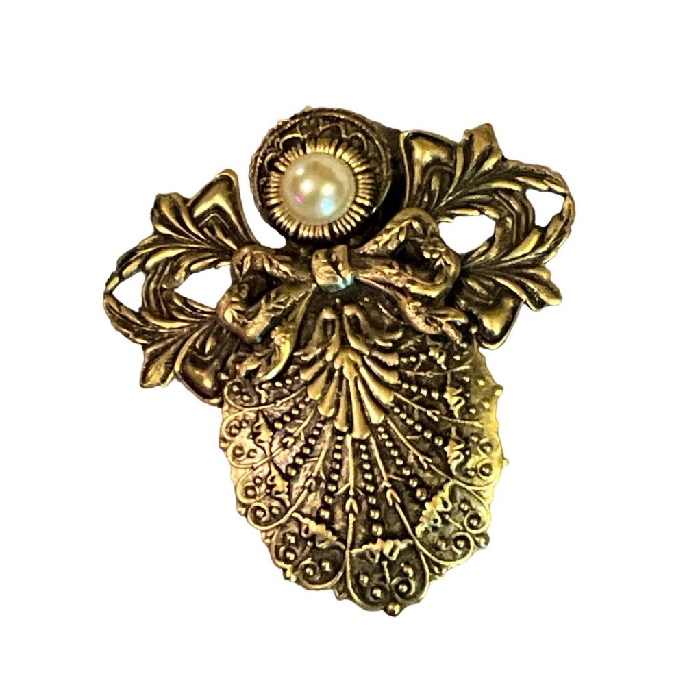 Vintage Jane Angel Pin Signed 1997 Gold Tone Faux Pearl Gem2 1/4" x 2 1/4"